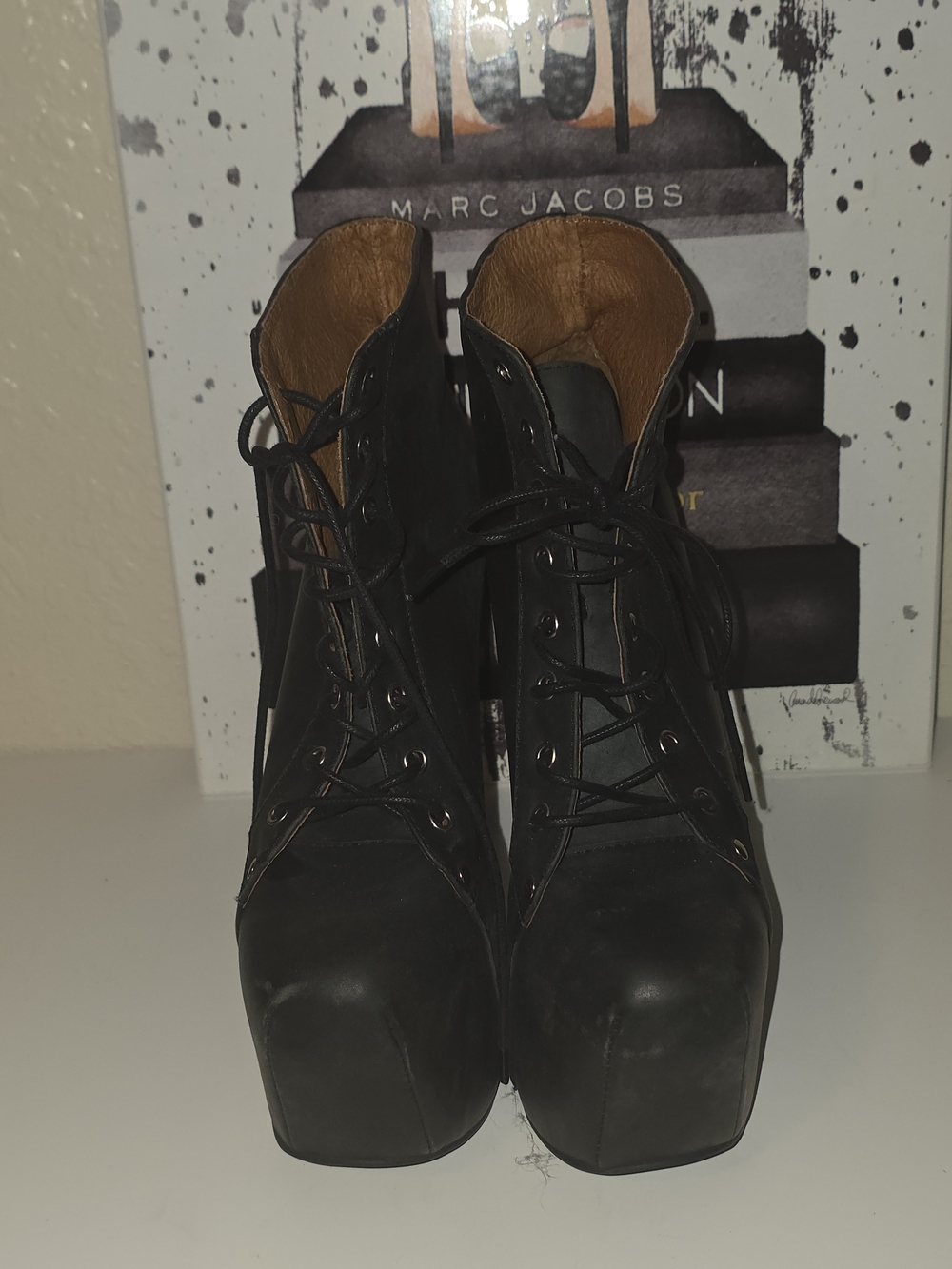 Jeffrey Campbell "NGT-LITA" Black Leather Studded Platform Lace-Up Gravity Wedge - Picture 2 of 9